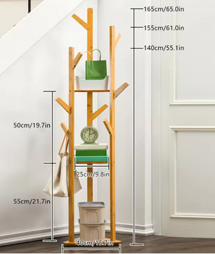 Bamboe Kapstokstandaard met 9 Haken & 3 Legplanken – Vrijstaand, Duurzaam Ontwerp