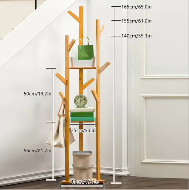 Bamboe Kapstokstandaard met 9 Haken & 3 Legplanken – Vrijstaand, Duurzaam Ontwerp