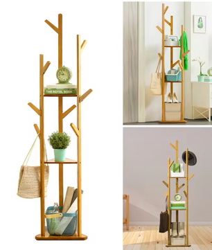 Bamboe Kapstokstandaard met 9 Haken & 3 Legplanken – Vrijstaand, Duurzaam Ontwerp