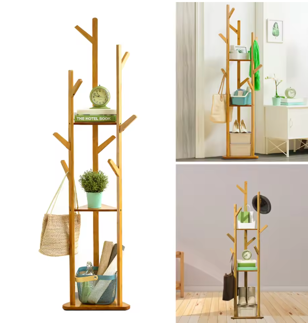 Bamboe Kapstokstandaard met 9 Haken & 3 Legplanken – Vrijstaand, Duurzaam Ontwerp