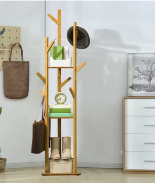 Bamboe Kapstokstandaard met 9 Haken & 3 Legplanken – Vrijstaand, Duurzaam Ontwerp