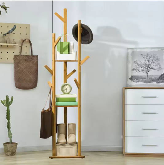 Bamboe Kapstokstandaard met 9 Haken & 3 Legplanken – Vrijstaand, Duurzaam Ontwerp