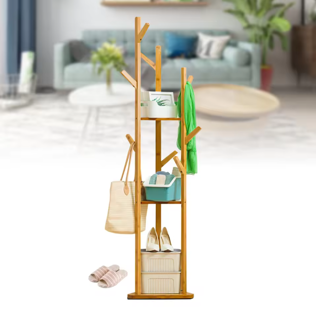 Bamboe Kapstokstandaard met 9 Haken & 3 Legplanken – Vrijstaand, Duurzaam Ontwerp