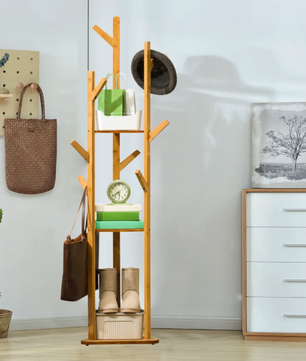 Bamboe Kapstokstandaard met 9 Haken & 3 Legplanken – Vrijstaand, Duurzaam Ontwerp