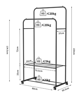 Verrijdbaar Kledingrek met 2 Opbergniveaus – Metalen Kledingstandaard met Wielen & Legplanken