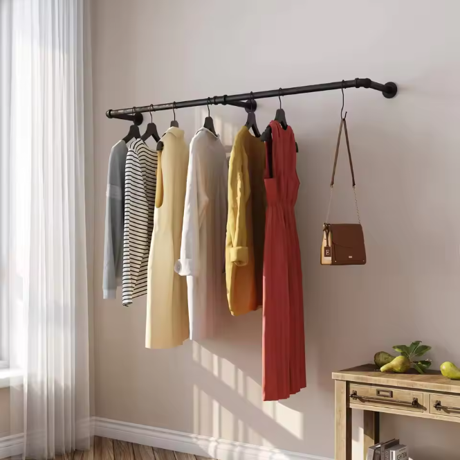 Wandmontage Kledingrek – Industrieel Buisontwerp 180 cm met Haken & Ruimtebesparend Design
