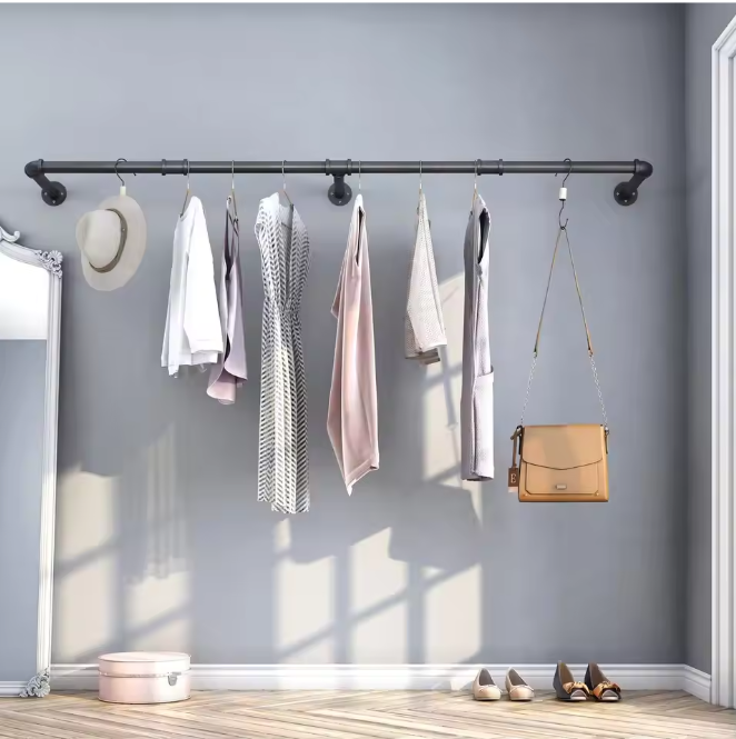 Wandmontage Kledingrek – Industrieel Buisontwerp 180 cm met Haken & Ruimtebesparend Design