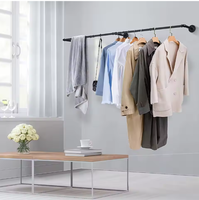 Wandmontage Kledingrek – Industrieel Buisontwerp 180 cm met Haken & Ruimtebesparend Design