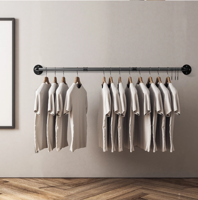 Wandmontage Kledingrek – Industrieel Buisontwerp 180 cm met Haken & Ruimtebesparend Design
