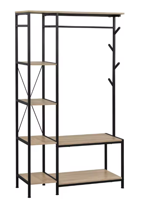 3-in-1 Kapstok met Bank, Kledingrek & 4-Lagen Opbergrek – Industrieel Design 100×175×40 cm