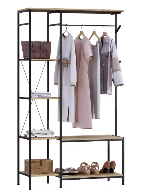 3-in-1 Kapstok met Bank, Kledingrek & 4-Lagen Opbergrek – Industrieel Design 100×175×40 cm