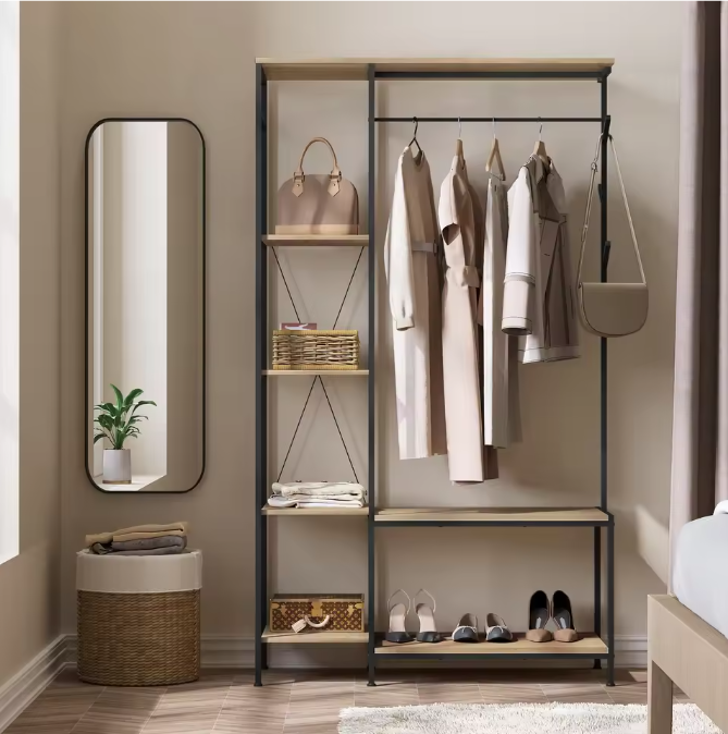 3-in-1 Kapstok met Bank, Kledingrek & 4-Lagen Opbergrek – Industrieel Design 100×175×40 cm