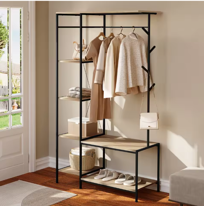 3-in-1 Kapstok met Bank, Kledingrek & 4-Lagen Opbergrek – Industrieel Design 100×175×40 cm