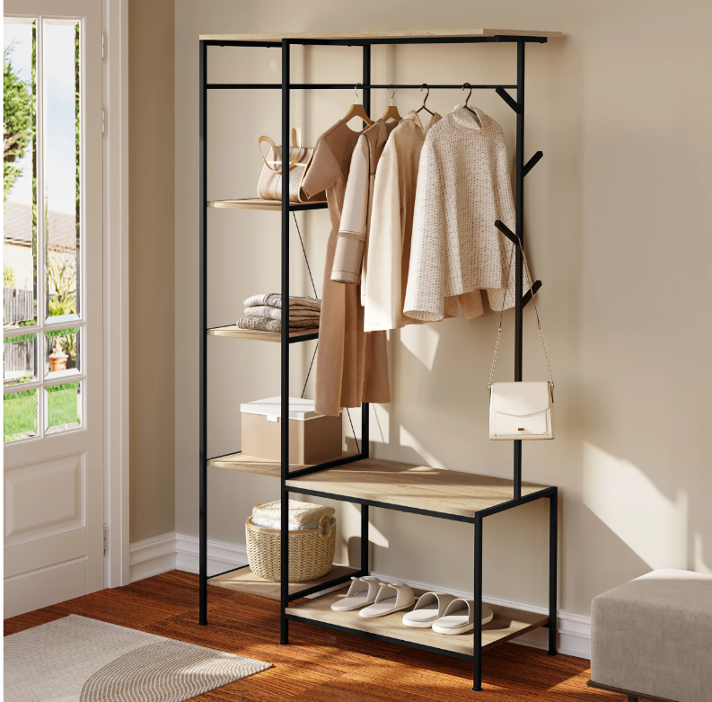 3-in-1 Kapstok met Bank, Kledingrek & 4-Lagen Opbergrek – Industrieel Design 100×175×40 cm