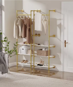 Industriële Wandkapstok met Kledingrail & 3 Planken – Gouden Buisontwerp 61×31×178 cm