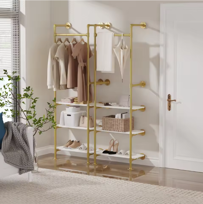 Industriële Wandkapstok met Kledingrail & 3 Planken – Gouden Buisontwerp 61×31×178 cm