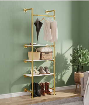 Industriële Wandkapstok met Kledingrail & 3 Planken – Gouden Buisontwerp 61×31×178 cm