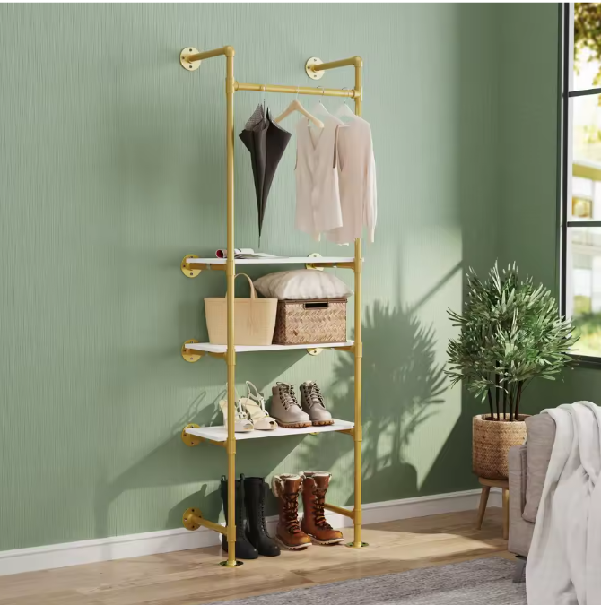 Industriële Wandkapstok met Kledingrail & 3 Planken – Gouden Buisontwerp 61×31×178 cm