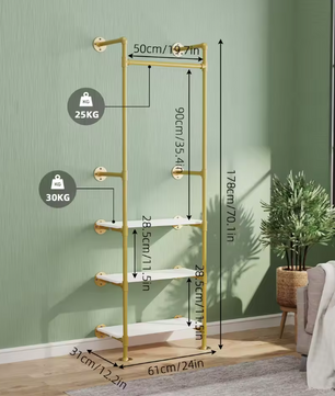 Industriële Wandkapstok met Kledingrail & 3 Planken – Gouden Buisontwerp 61×31×178 cm