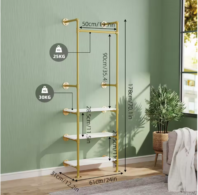 Industriële Wandkapstok met Kledingrail & 3 Planken – Gouden Buisontwerp 61×31×178 cm