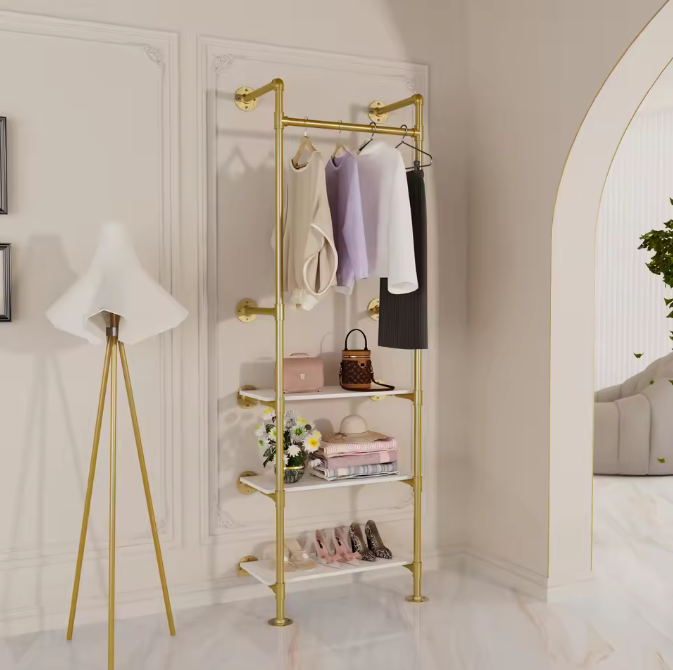 Industriële Wandkapstok met Kledingrail & 3 Planken – Gouden Buisontwerp 61×31×178 cm