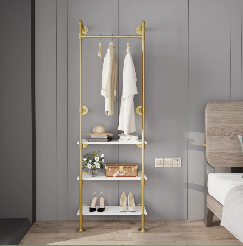 Industriële Wandkapstok met Kledingrail & 3 Planken – Gouden Buisontwerp 61×31×178 cm
