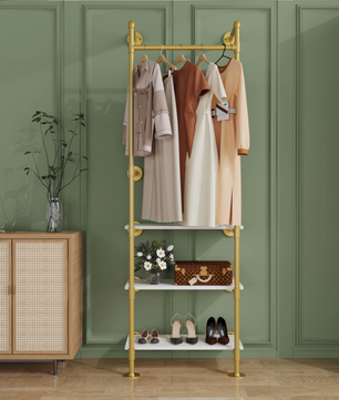 Industriële Wandkapstok met Kledingrail & 3 Planken – Gouden Buisontwerp 61×31×178 cm