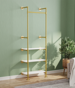 Industriële Wandkapstok met Kledingrail & 3 Planken – Gouden Buisontwerp 61×31×178 cm