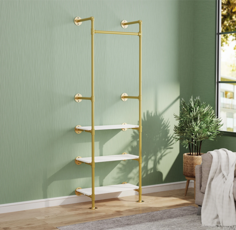 Industriële Wandkapstok met Kledingrail & 3 Planken – Gouden Buisontwerp 61×31×178 cm