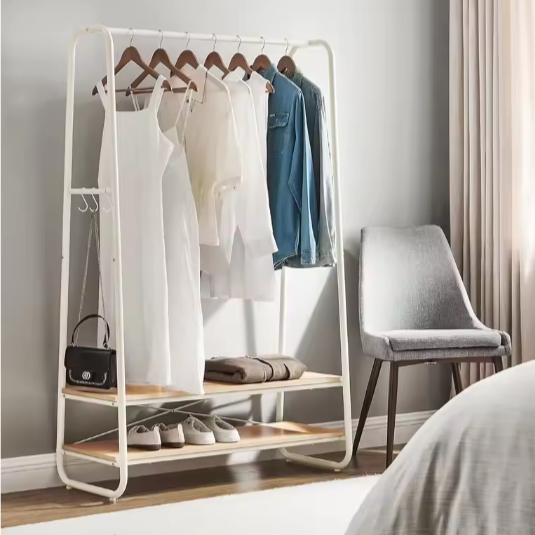 Kledingrek met 2 Planken & 6 Haken – Vrijstaand Opbergrek voor Hal & Slaapkamer