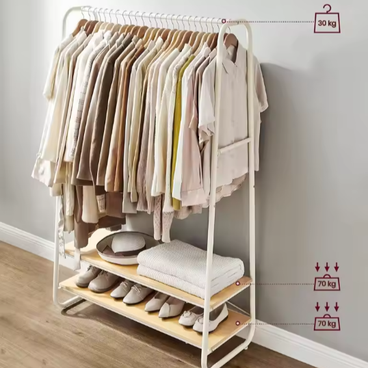 Kledingrek met 2 Planken & 6 Haken – Vrijstaand Opbergrek voor Hal & Slaapkamer