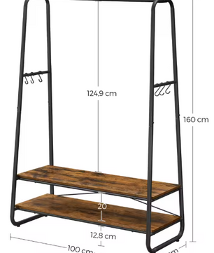 Kledingrek met 2 Planken & 6 Haken – Industrieel Staal & Hout 100×45×160 cm
