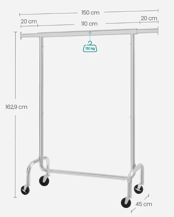 Verstelbaar Kledingrek op Wielen – Stalen Frame & 130 kg Draagkracht