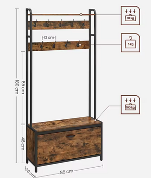 Kledingrek met Kapstok, Schoenenkast en Zitbank – Industrieel 4-in-1 Halmeubel