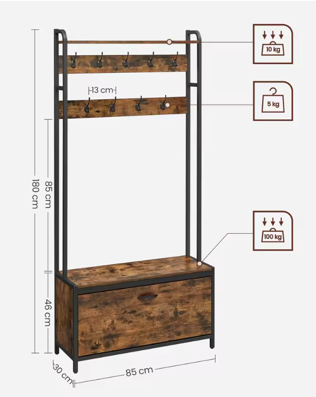 Kledingrek met Kapstok, Schoenenkast en Zitbank – Industrieel 4-in-1 Halmeubel