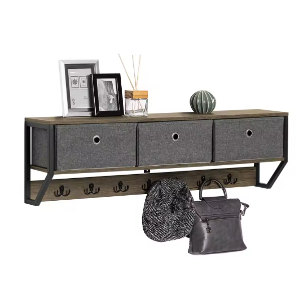 Wandkapstok met 3 Opbergmanden & 7 Haken – MDF & Metaal, Compact en Stijlvol