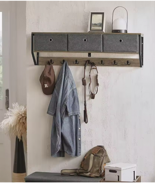 Wandkapstok met 3 Opbergmanden & 7 Haken – MDF & Metaal, Compact en Stijlvol