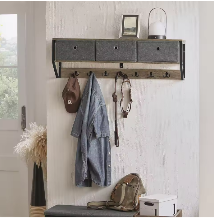 Wandkapstok met 3 Opbergmanden & 7 Haken – MDF & Metaal, Compact en Stijlvol