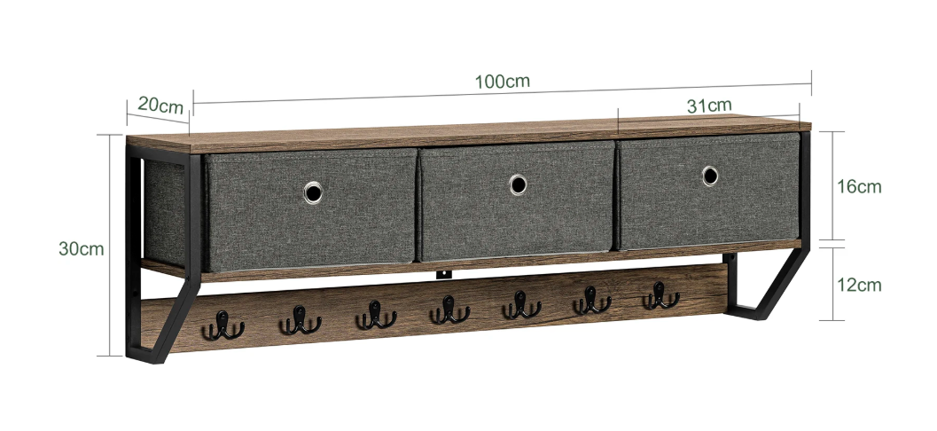 Wandkapstok met 3 Opbergmanden & 7 Haken – MDF & Metaal, Compact en Stijlvol