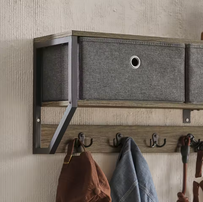 Wandkapstok met 3 Opbergmanden & 7 Haken – MDF & Metaal, Compact en Stijlvol