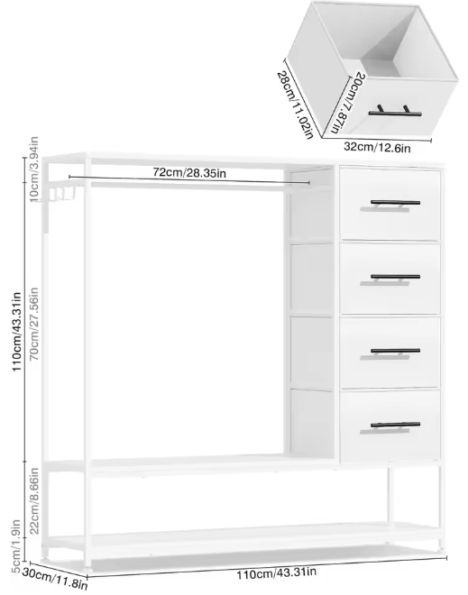 Open Kledingrek met 4 Stoffen Lades, Kledingroede & Haken – Metaal & MDF