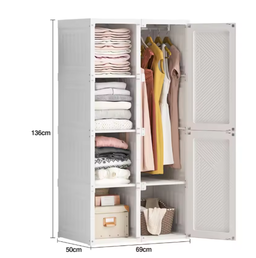 Opvouwbare Kledingkast van PP – 136×69×50 cm, Met Roede & Compartimenten, Stabiel en Ruim
