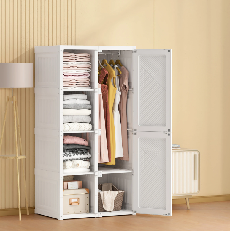Opvouwbare Kledingkast van PP – 136×69×50 cm, Met Roede & Compartimenten, Stabiel en Ruim