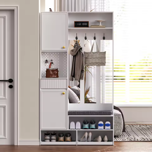 Halboom met Bank, Kapstokhaken & Lades – 100×35×180 cm, Wit/Zwart, Multifunctioneel en Ruim