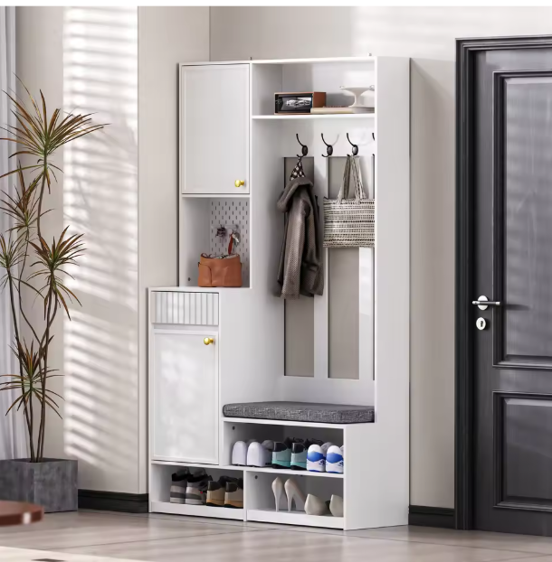 Halboom met Bank, Kapstokhaken & Lades – 100×35×180 cm, Wit/Zwart, Multifunctioneel en Ruim
