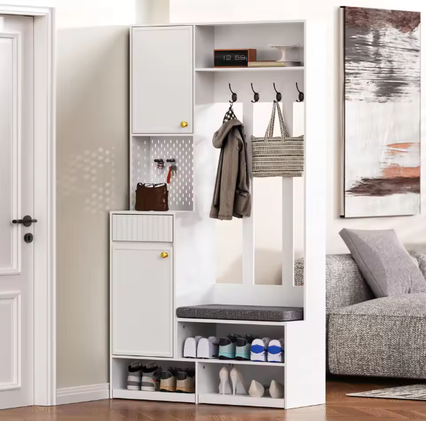 Halboom met Bank, Kapstokhaken & Lades – 100×35×180 cm, Wit/Zwart, Multifunctioneel en Ruim