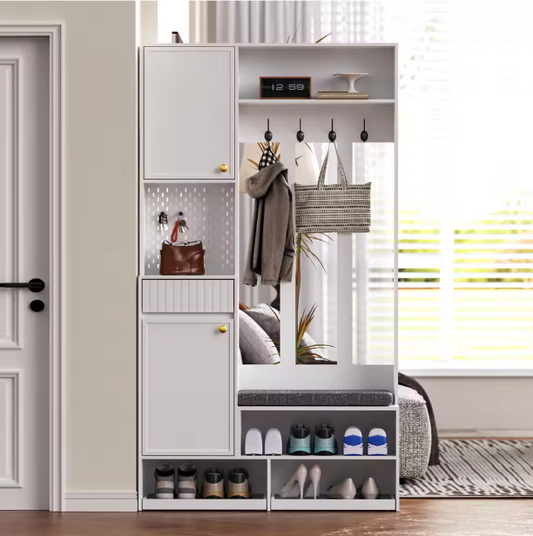 Halboom met Bank, Kapstokhaken & Lades – 100×35×180 cm, Wit/Zwart, Multifunctioneel en Ruim