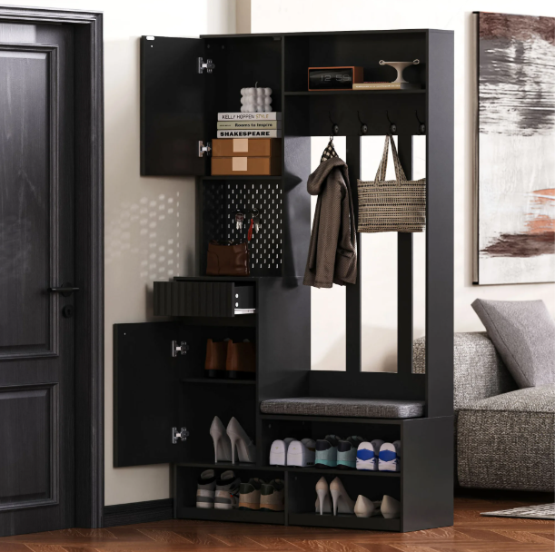 Halboom met Bank, Kapstokhaken & Lades – 100×35×180 cm, Wit/Zwart, Multifunctioneel en Ruim