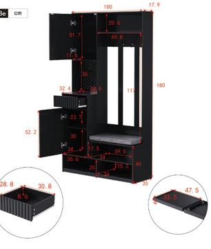 Halboom met Bank, Kapstokhaken & Lades – 100×35×180 cm, Wit/Zwart, Multifunctioneel en Ruim