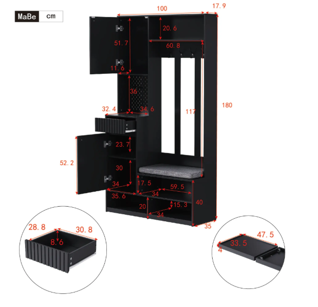 Halboom met Bank, Kapstokhaken & Lades – 100×35×180 cm, Wit/Zwart, Multifunctioneel en Ruim